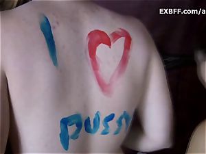 Collared hairy amateur gets body painted by girlfriend